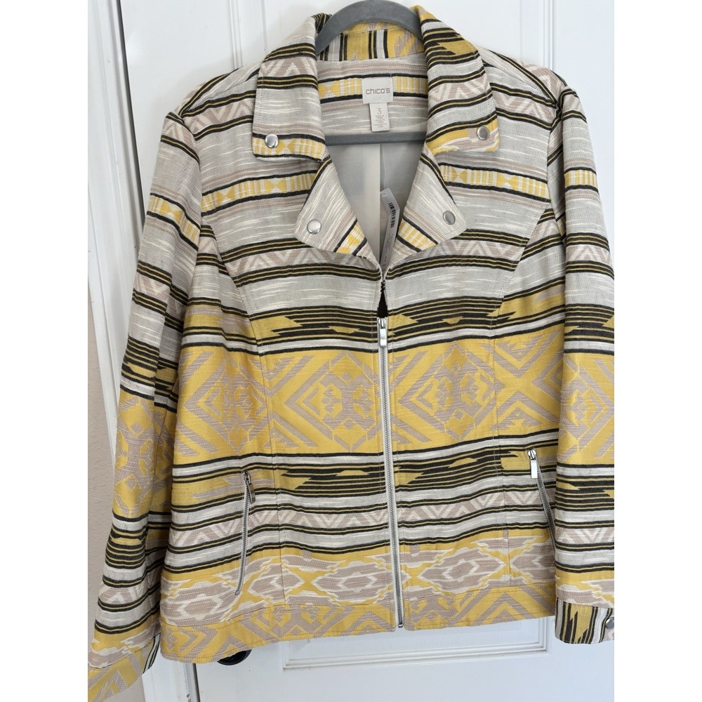 Chico's NWT Aztec Jacquard Moto Jacket XL 3 Yellow Gray Southwestern Western